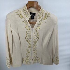 Liorah Womens 18W Cream Embroidered Rhinestone Wool Blend Knit Church Jacket
